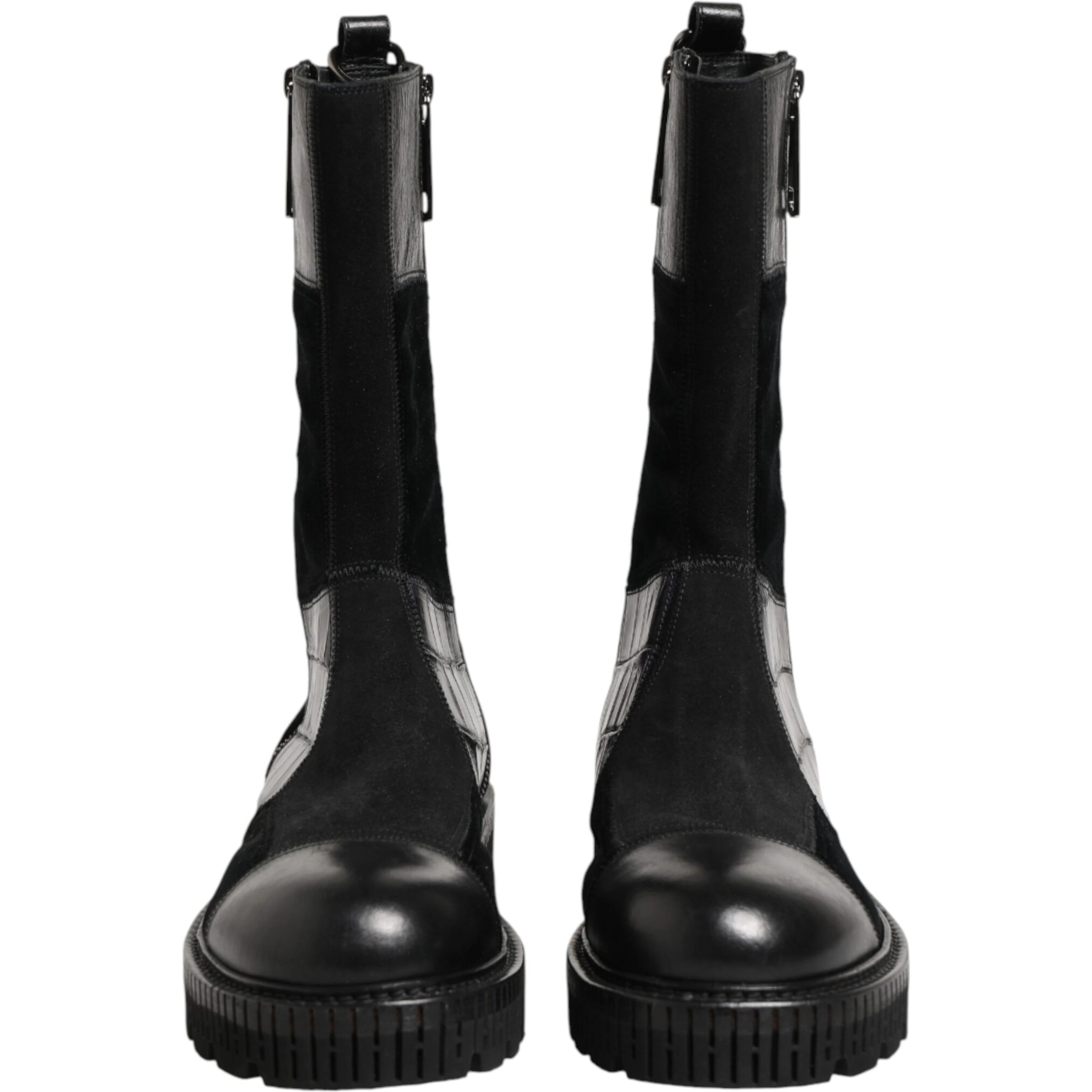 Black Patchwork Leather Mid Calf Boot Shoes