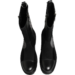 Black Patchwork Leather Mid Calf Boot  Shoes