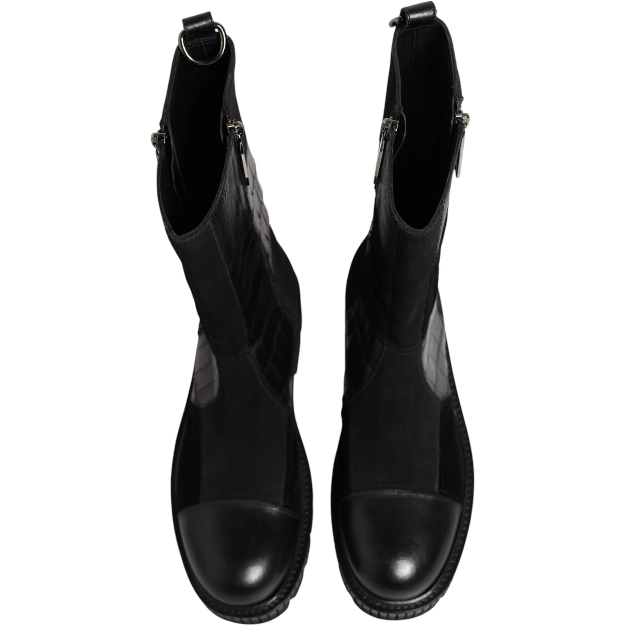 Black Patchwork Leather Mid Calf Boot  Shoes