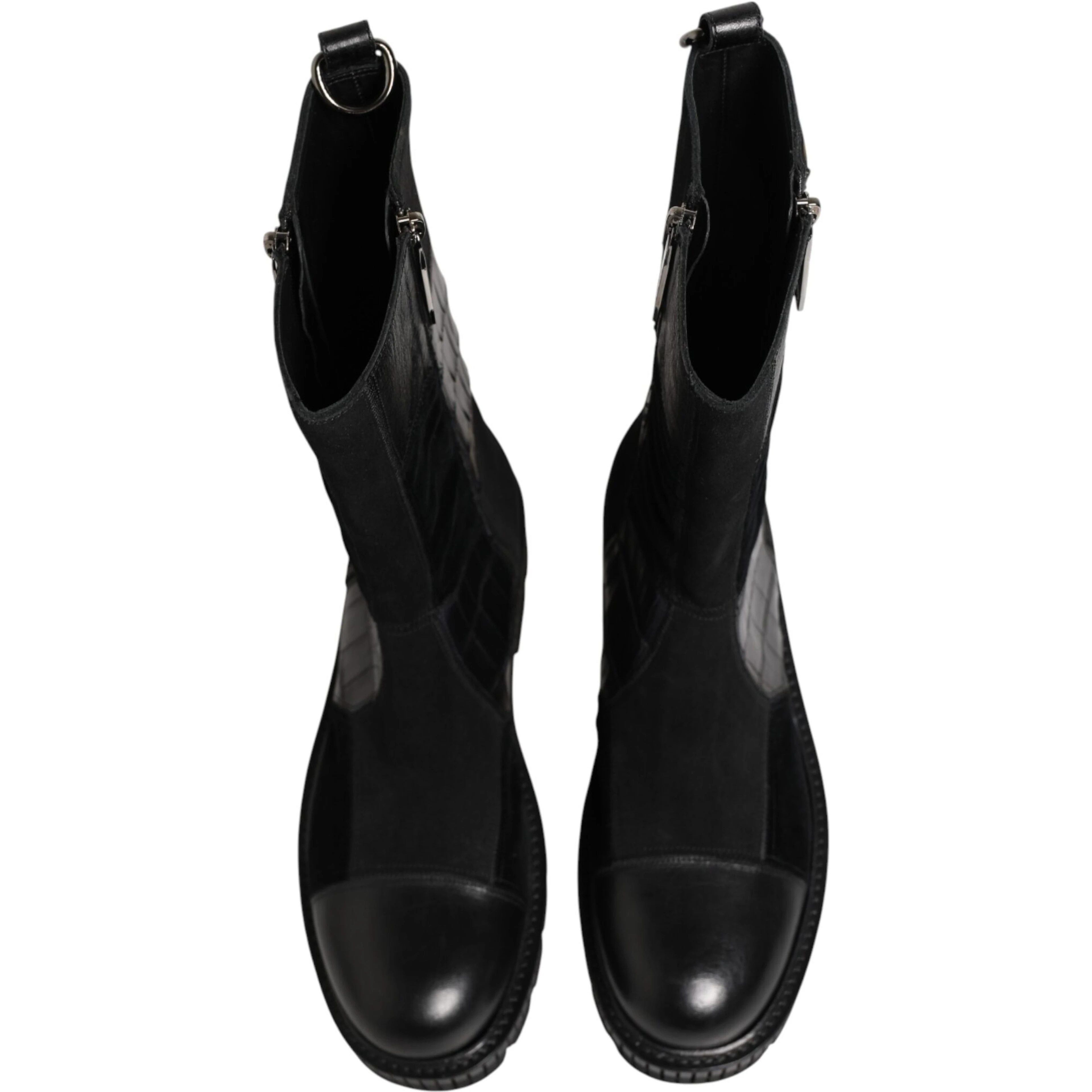 Black Patchwork Leather Mid Calf Boot Shoes