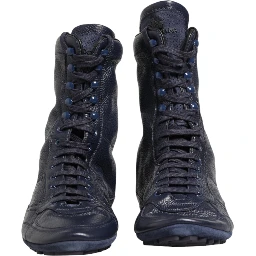 Dark Blue Deer Leather Mid Calf Boots Shoes
