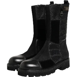 Black Patchwork Leather Mid Calf Boot  Shoes