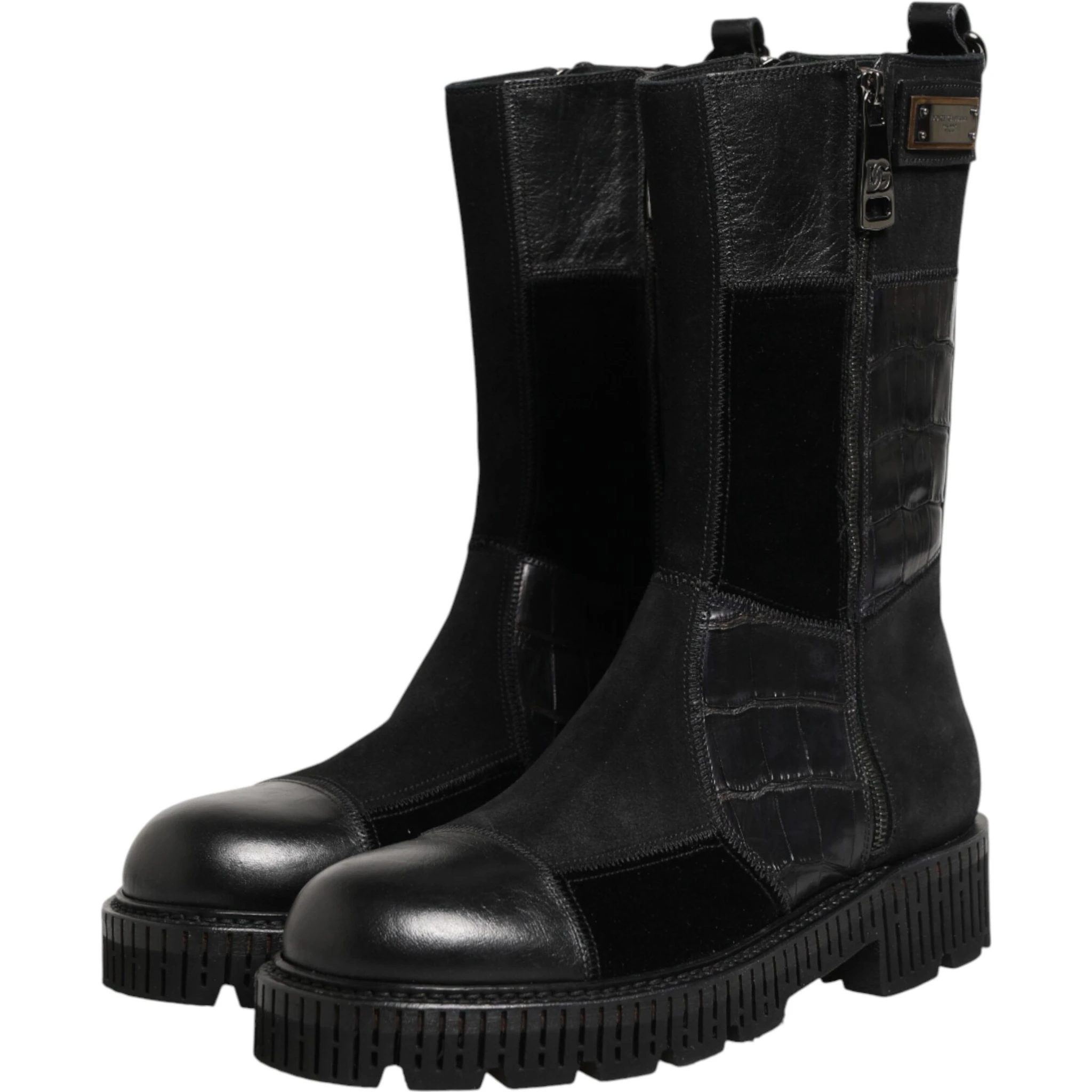 Black Patchwork Leather Mid Calf Boot  Shoes