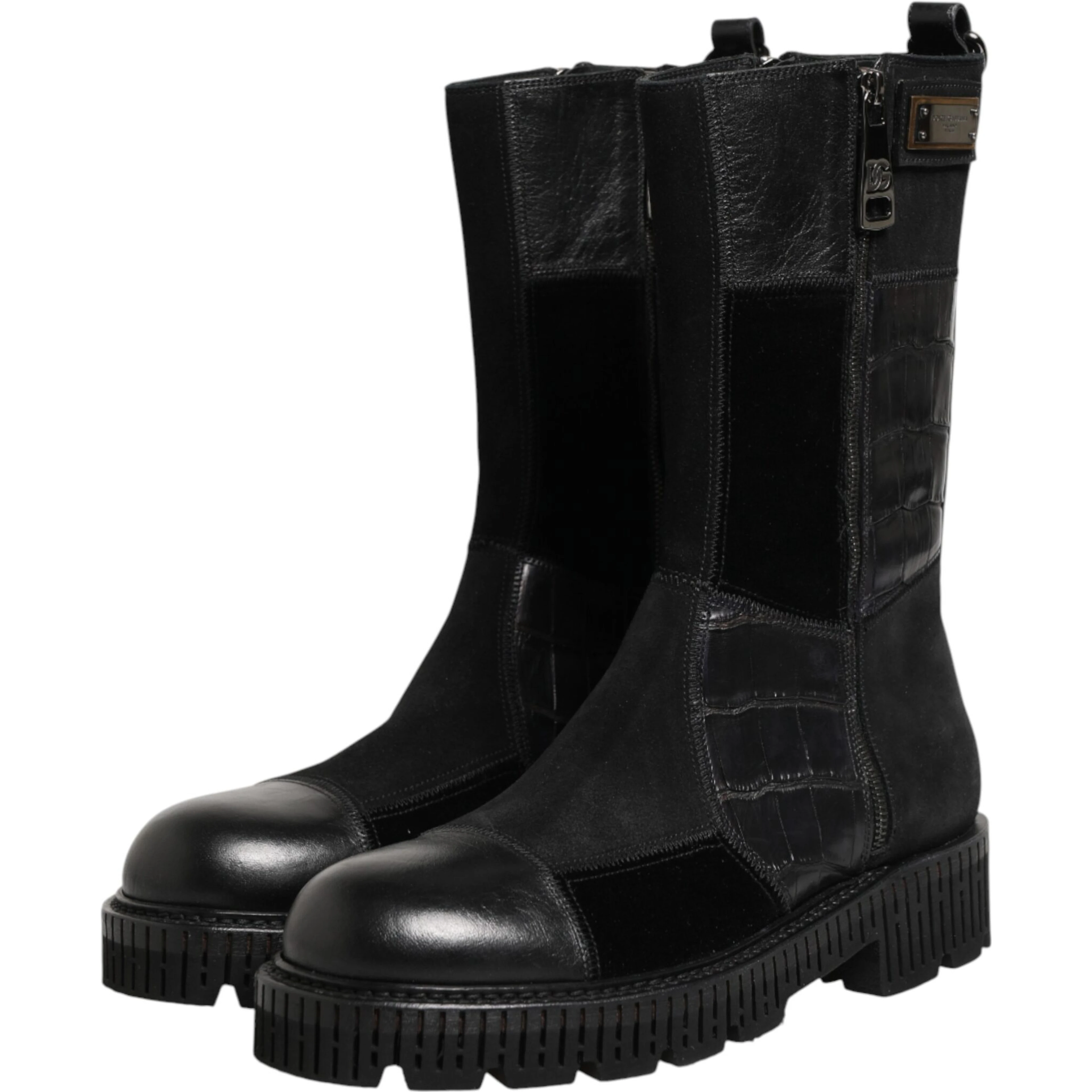 Black Patchwork Leather Mid Calf Boot Shoes