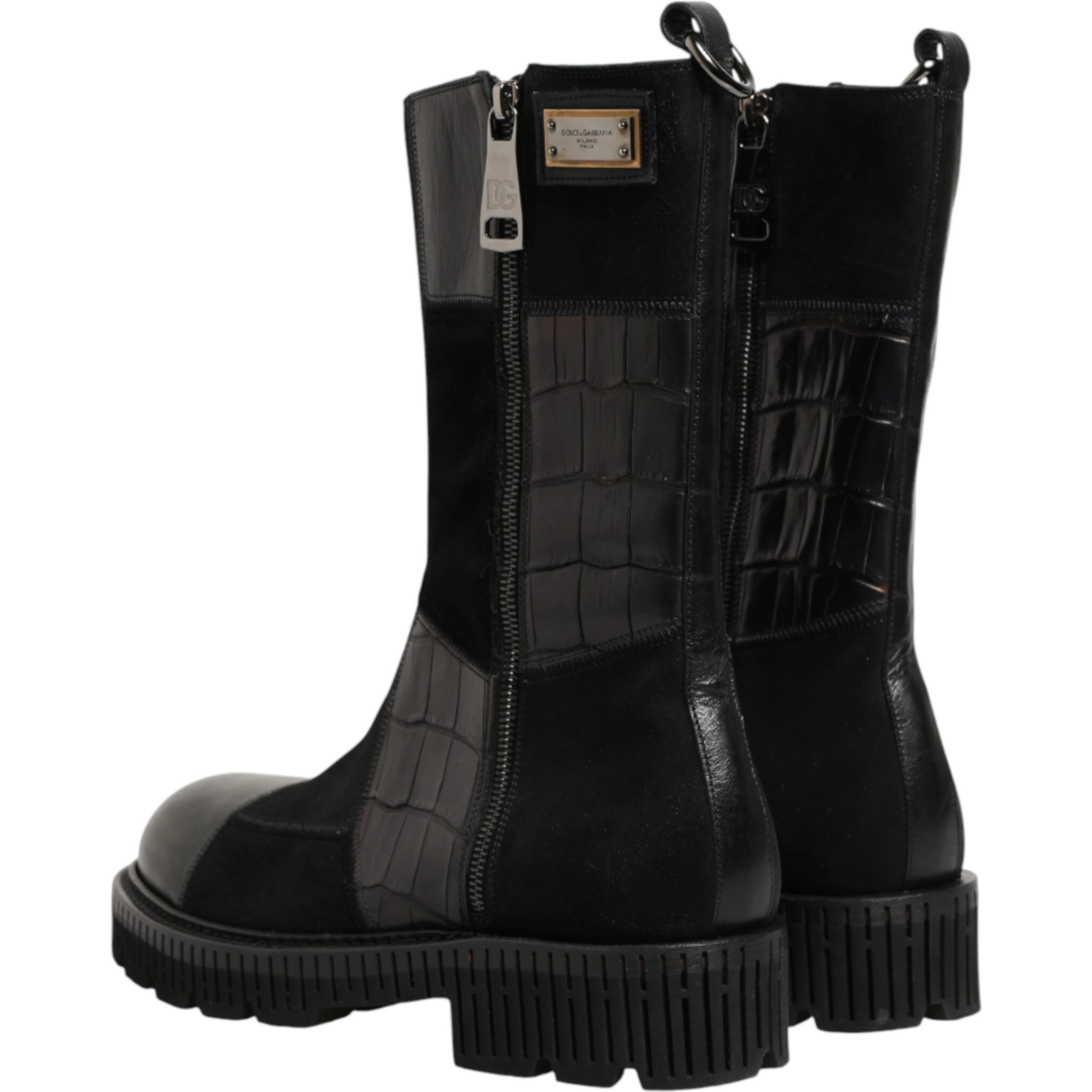 Black Patchwork Leather Mid Calf Boot Shoes