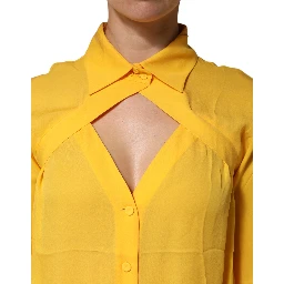 Yellow Silk Collared Long Sleeves  Top