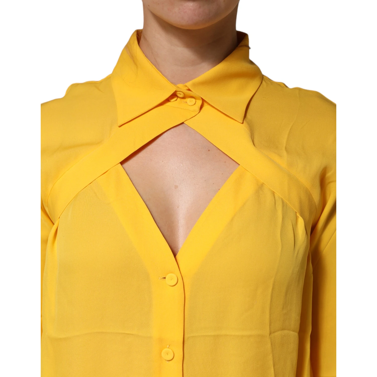 Yellow Silk Collared Long Sleeves  Top