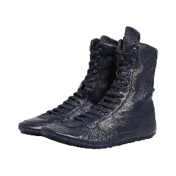Dark Blue Deer Leather Mid Calf Boots Shoes