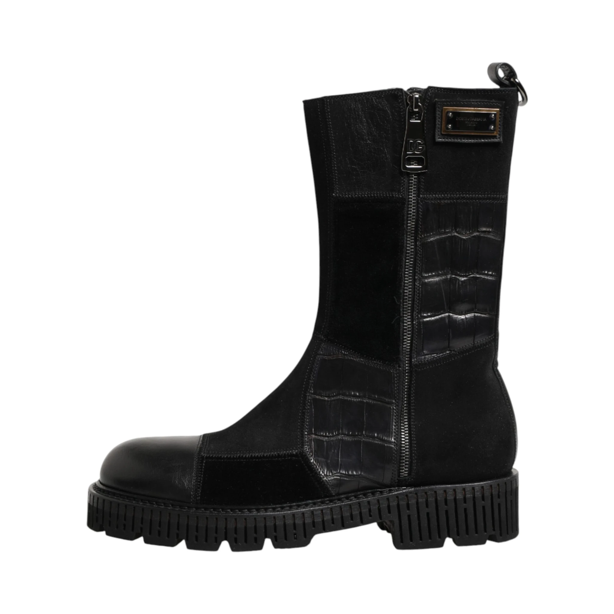 Black Patchwork Leather Mid Calf Boot  Shoes