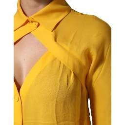 Yellow Silk Collared Long Sleeves  Top