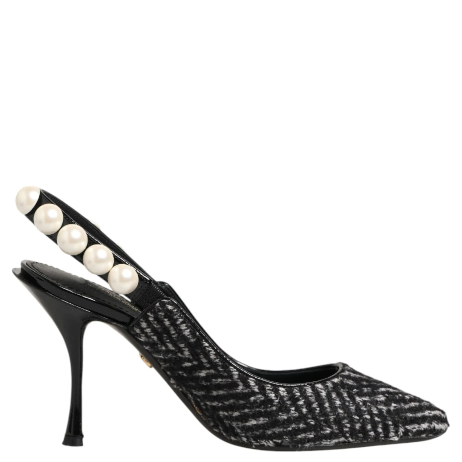 White Black Chevron Faux Pearl Slingbacks Shoes