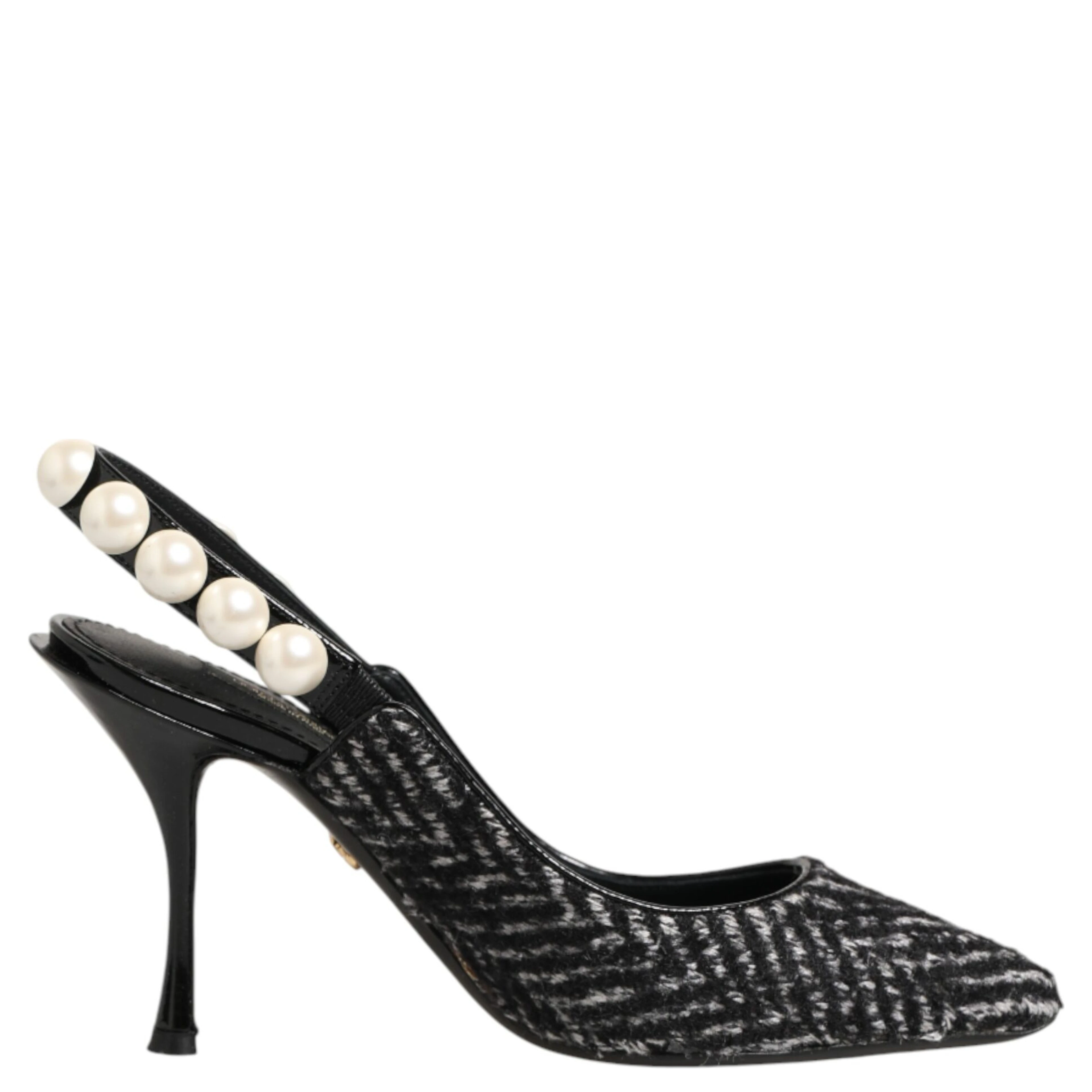 White Black Chevron Faux Pearl Slingbacks Shoes