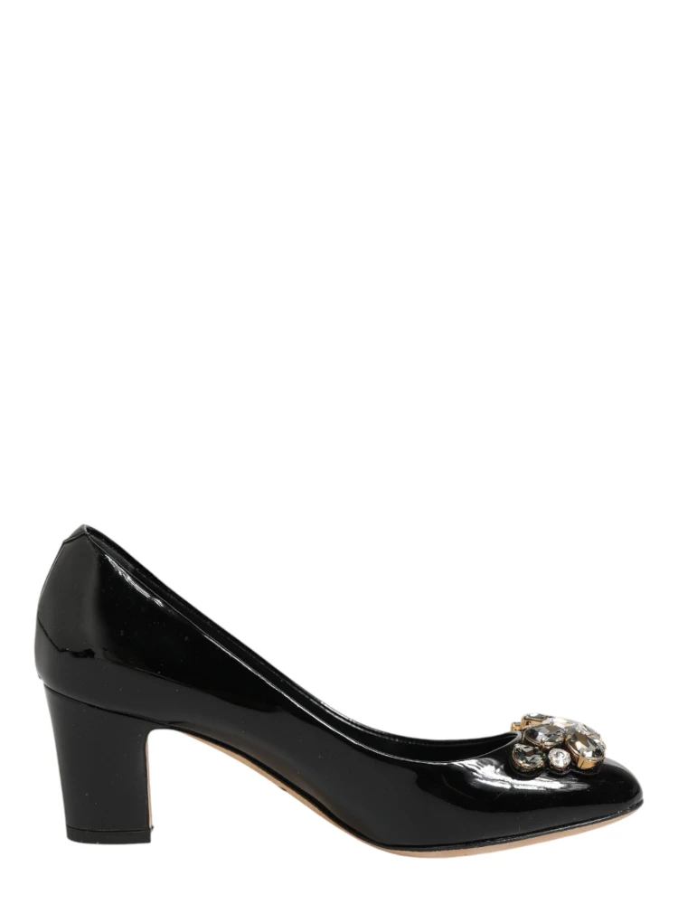 Black Leather Crystals Heels Pumps Shoes