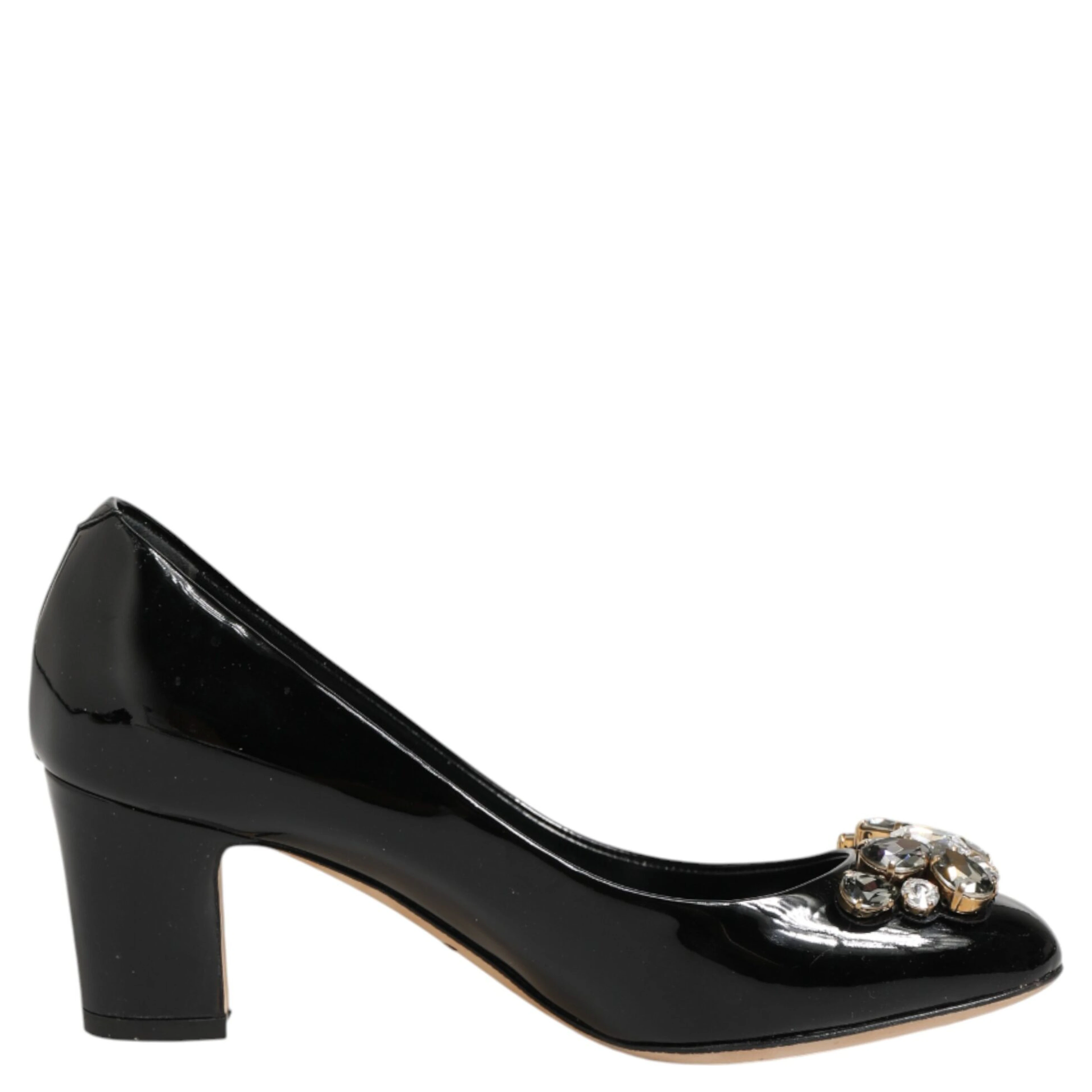 Black Leather Crystals Heels Pumps Shoes