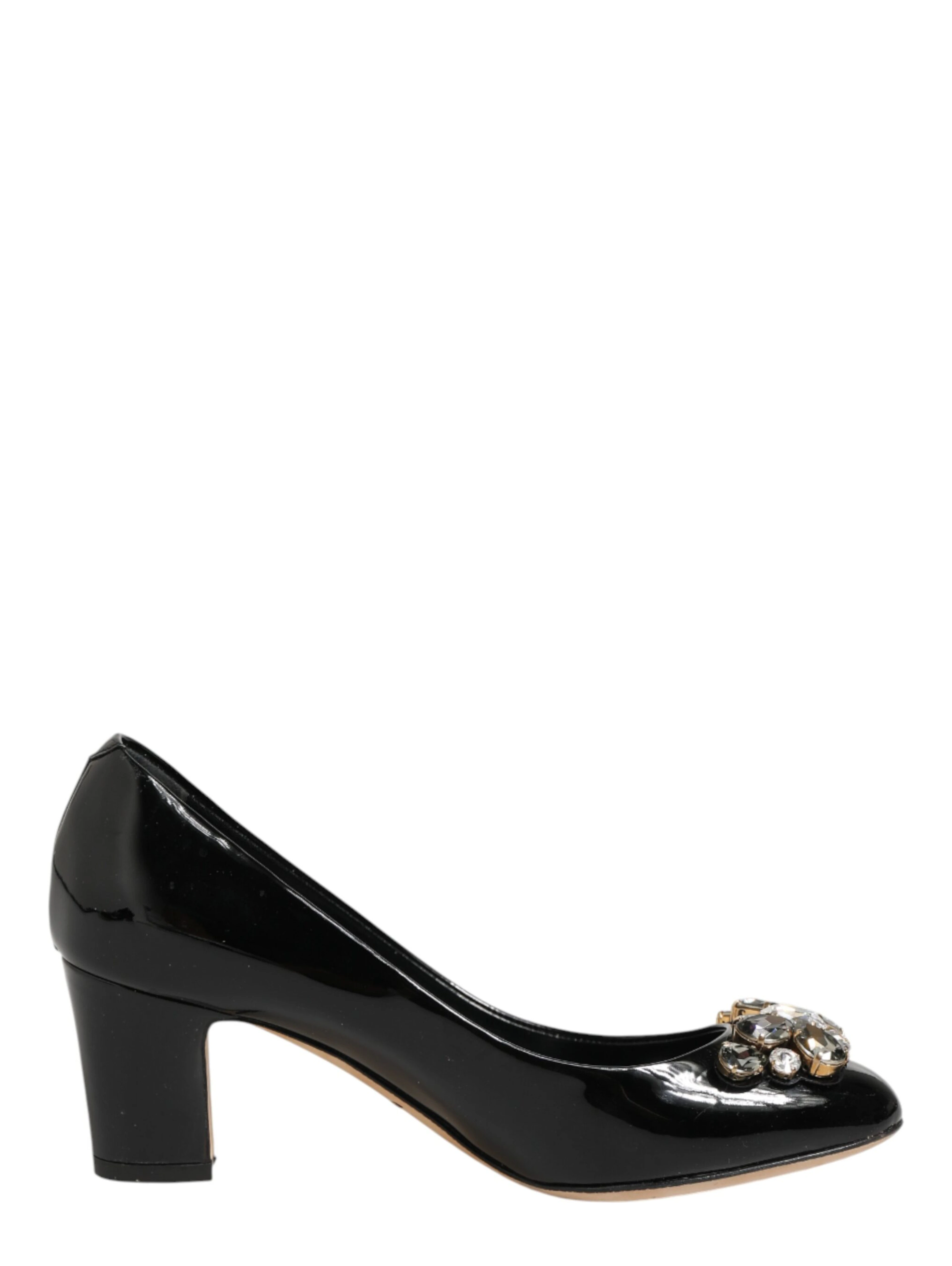 Black Leather Crystals Heels Pumps Shoes