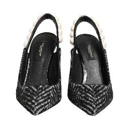 White Black Chevron Faux Pearl Slingbacks Shoes