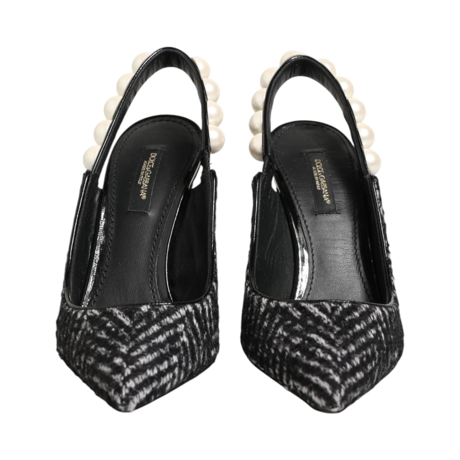 White Black Chevron Faux Pearl Slingbacks Shoes