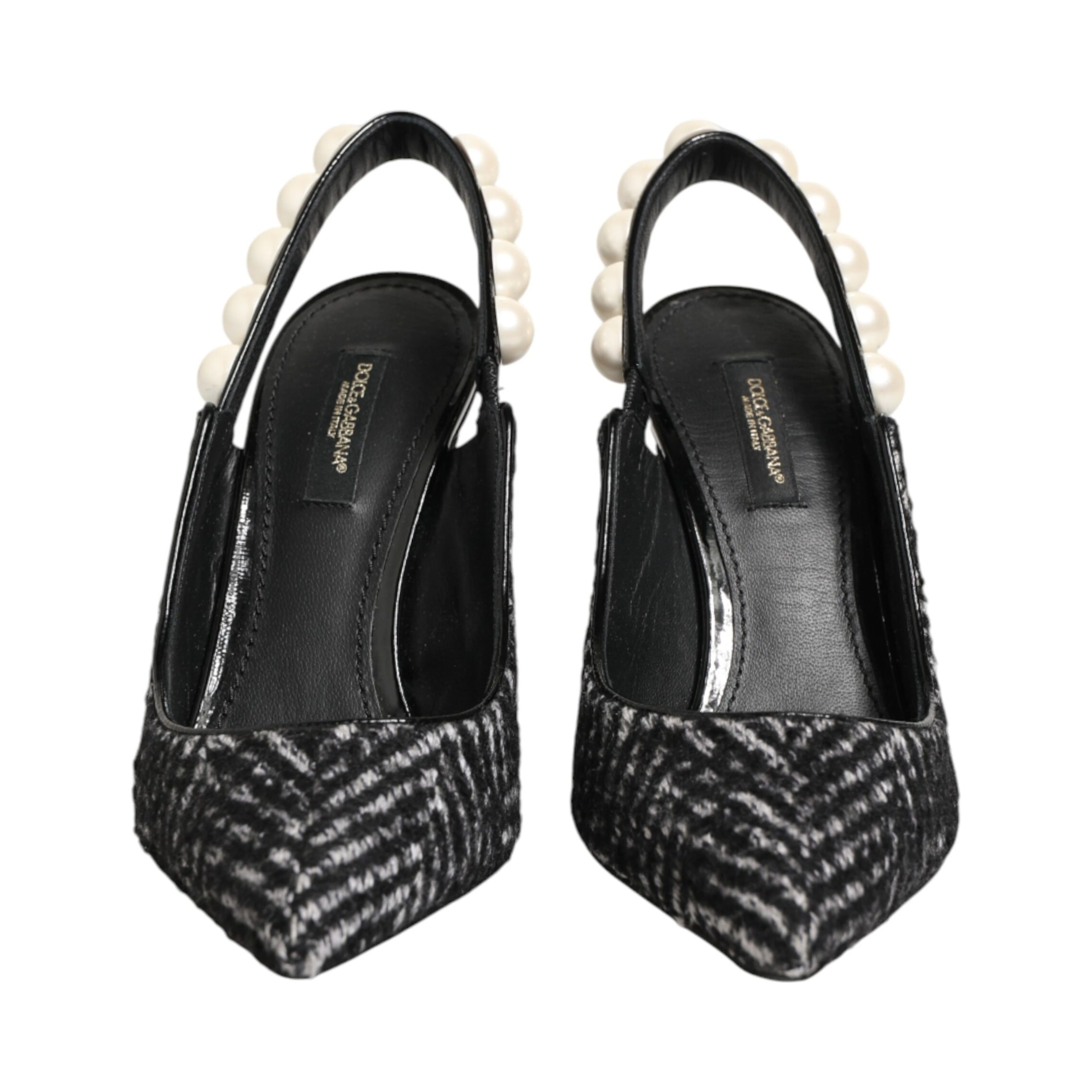 White Black Chevron Faux Pearl Slingbacks Shoes