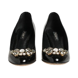 Black Leather Crystals Heels Pumps Shoes