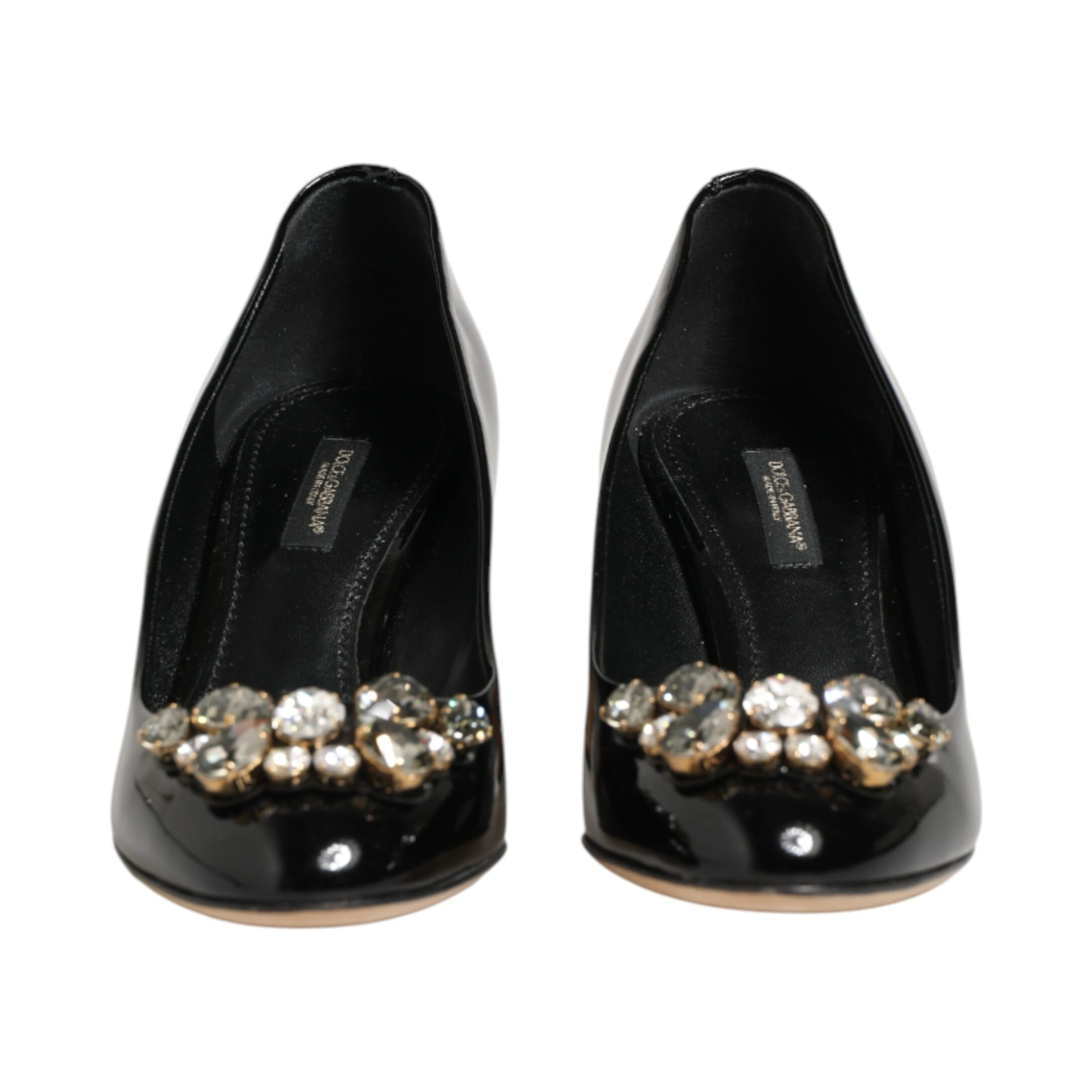 Black Leather Crystals Heels Pumps Shoes