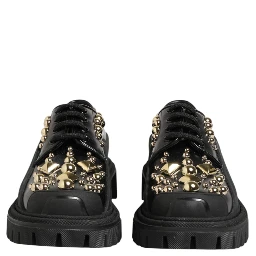 Black Leather Jeweled Crystals Derby Shoes