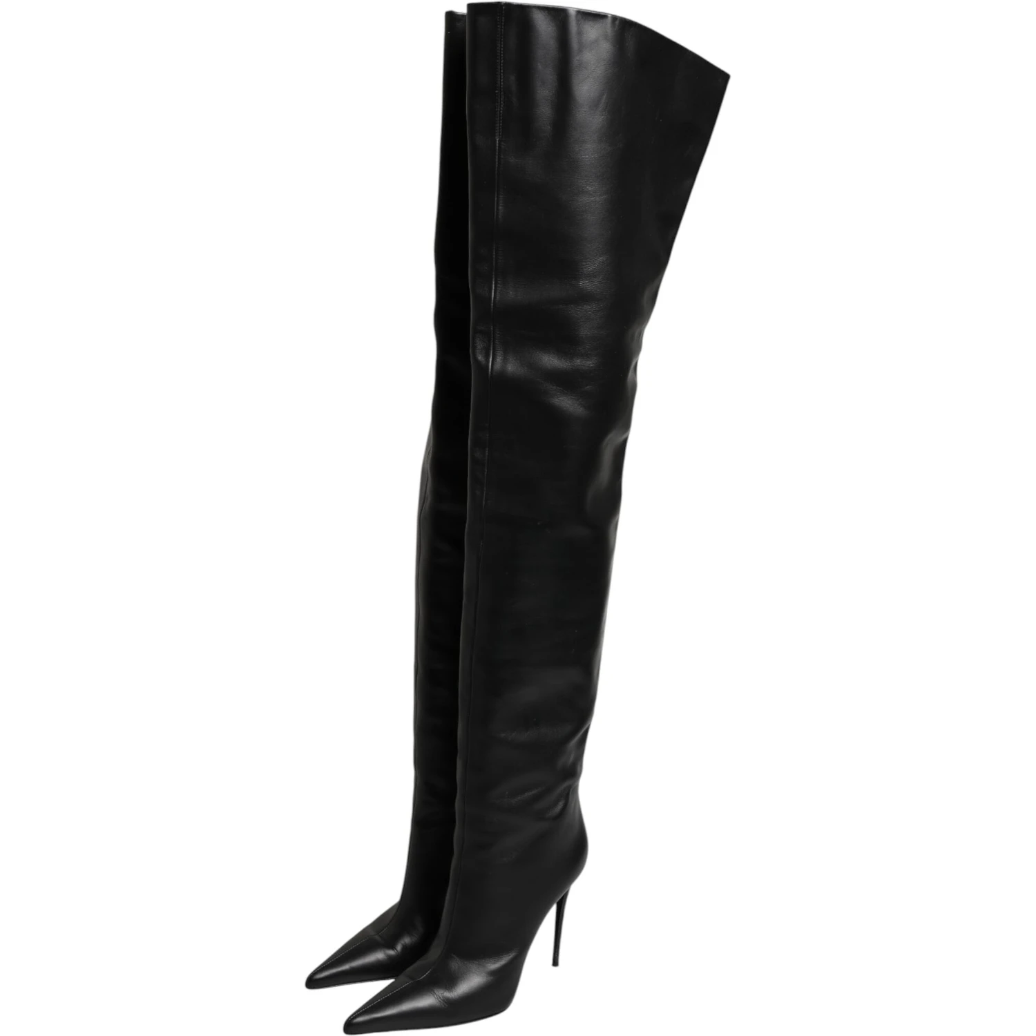 Black Leather Stiletto Knee High Boots Shoes