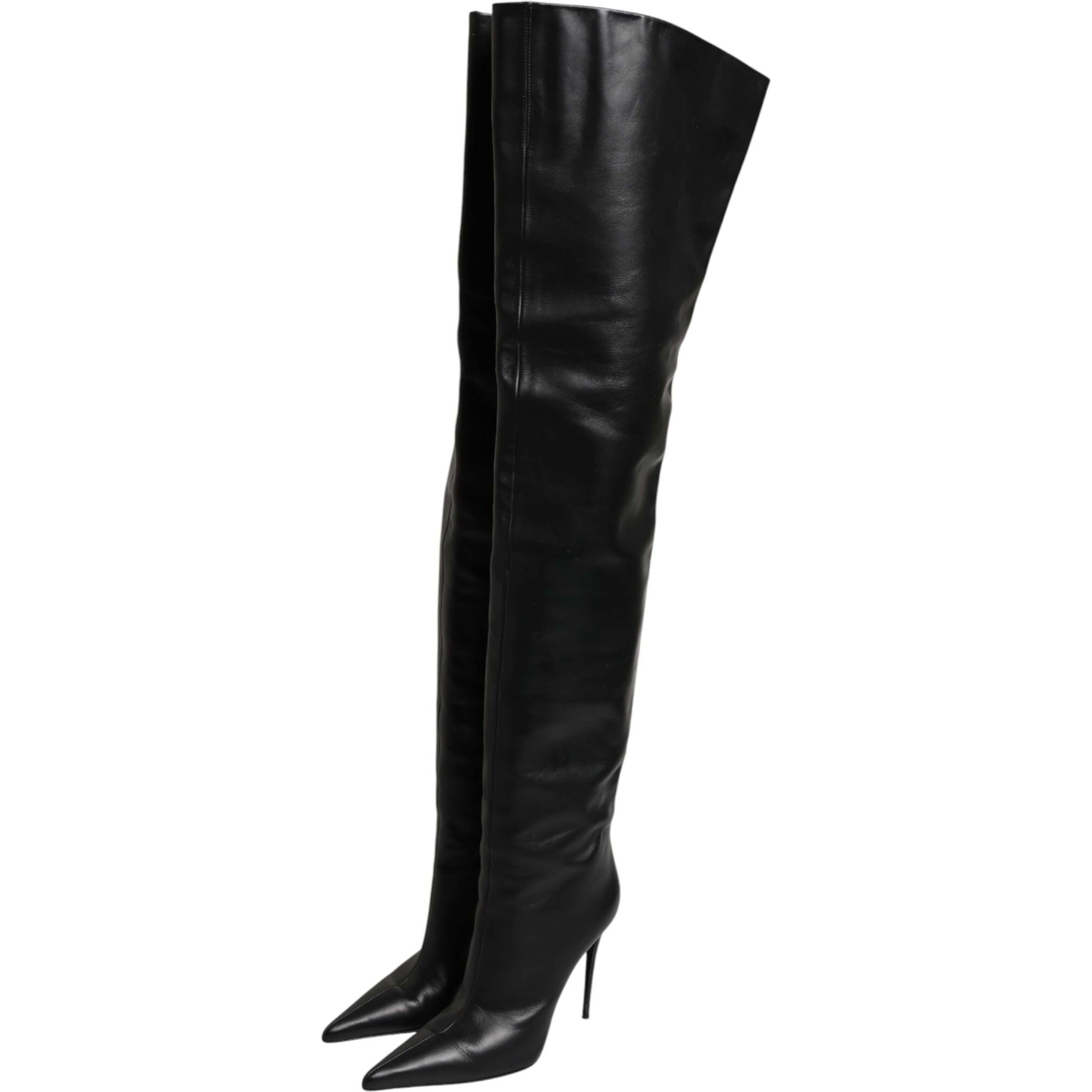 Black Leather Stiletto Knee High Boots Shoes