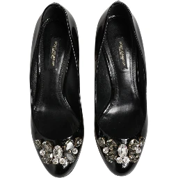 Black Leather Crystals Heels Pumps Shoes