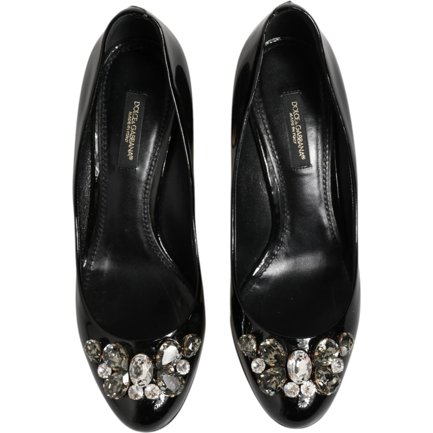 Black Leather Crystals Heels Pumps Shoes
