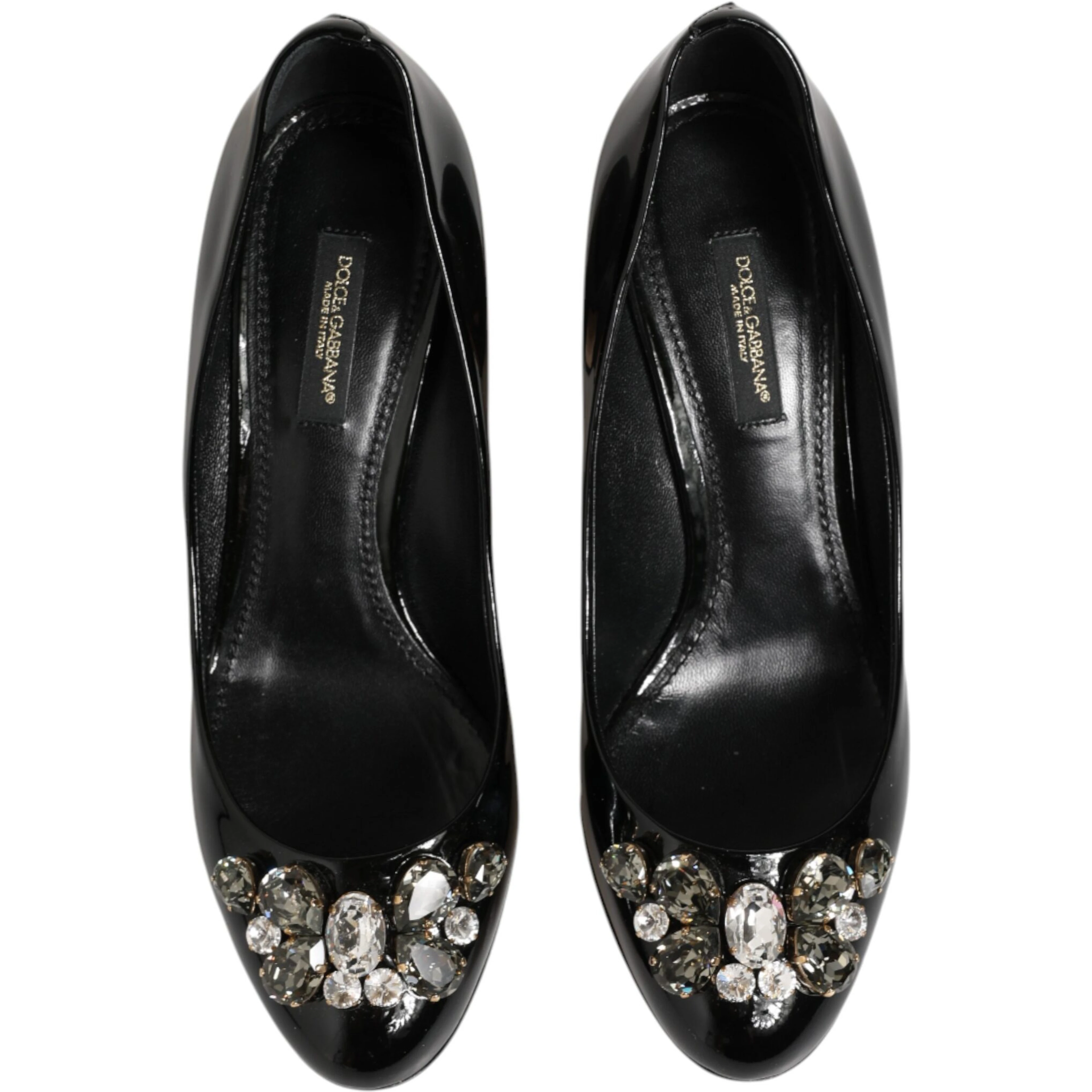 Black Leather Crystals Heels Pumps Shoes