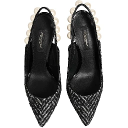 White Black Chevron Faux Pearl Slingbacks Shoes