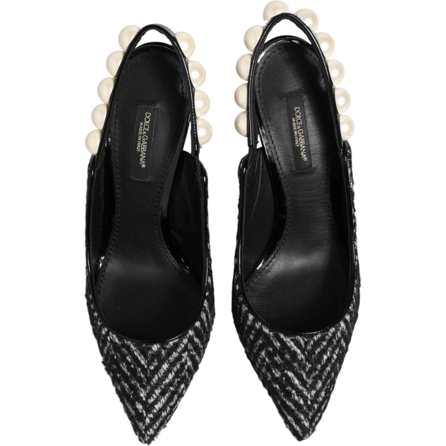 White Black Chevron Faux Pearl Slingbacks Shoes