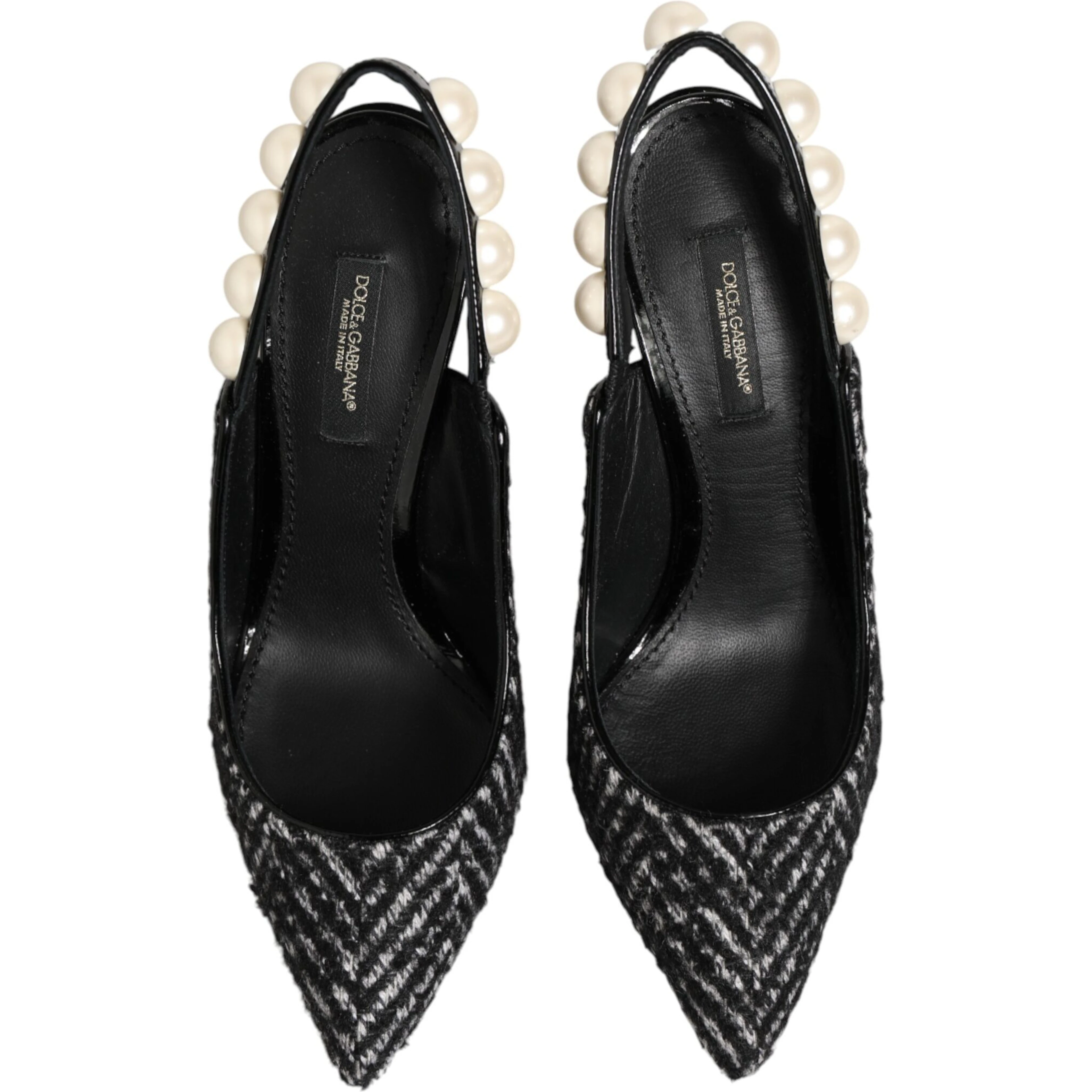 White Black Chevron Faux Pearl Slingbacks Shoes