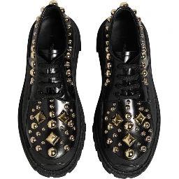 Black Leather Jeweled Crystals Derby Shoes