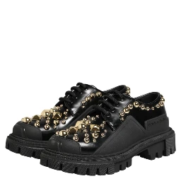 Black Leather Jeweled Crystals Derby Shoes