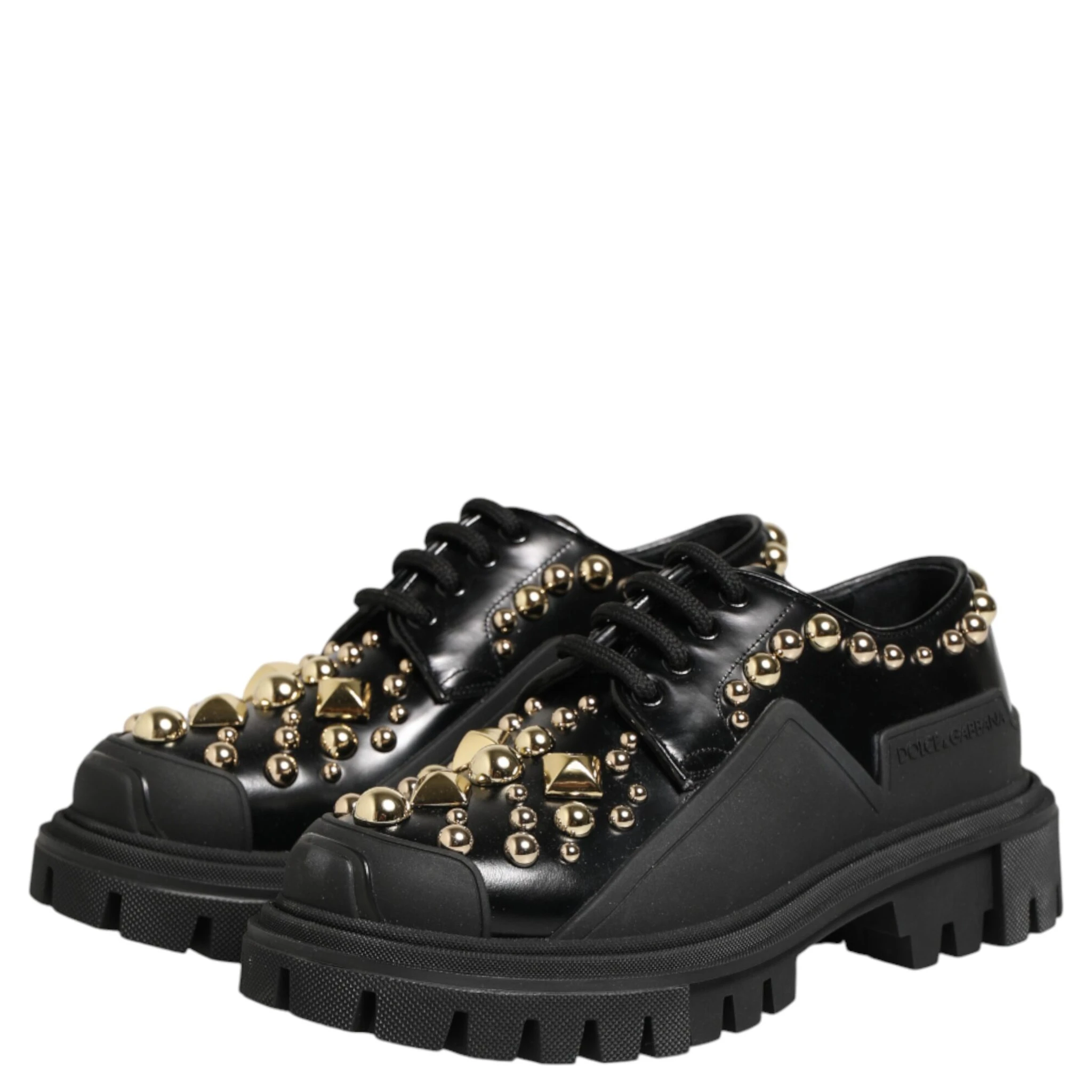 Black Leather Jeweled Crystals Derby Shoes