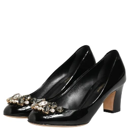 Black Leather Crystals Heels Pumps Shoes