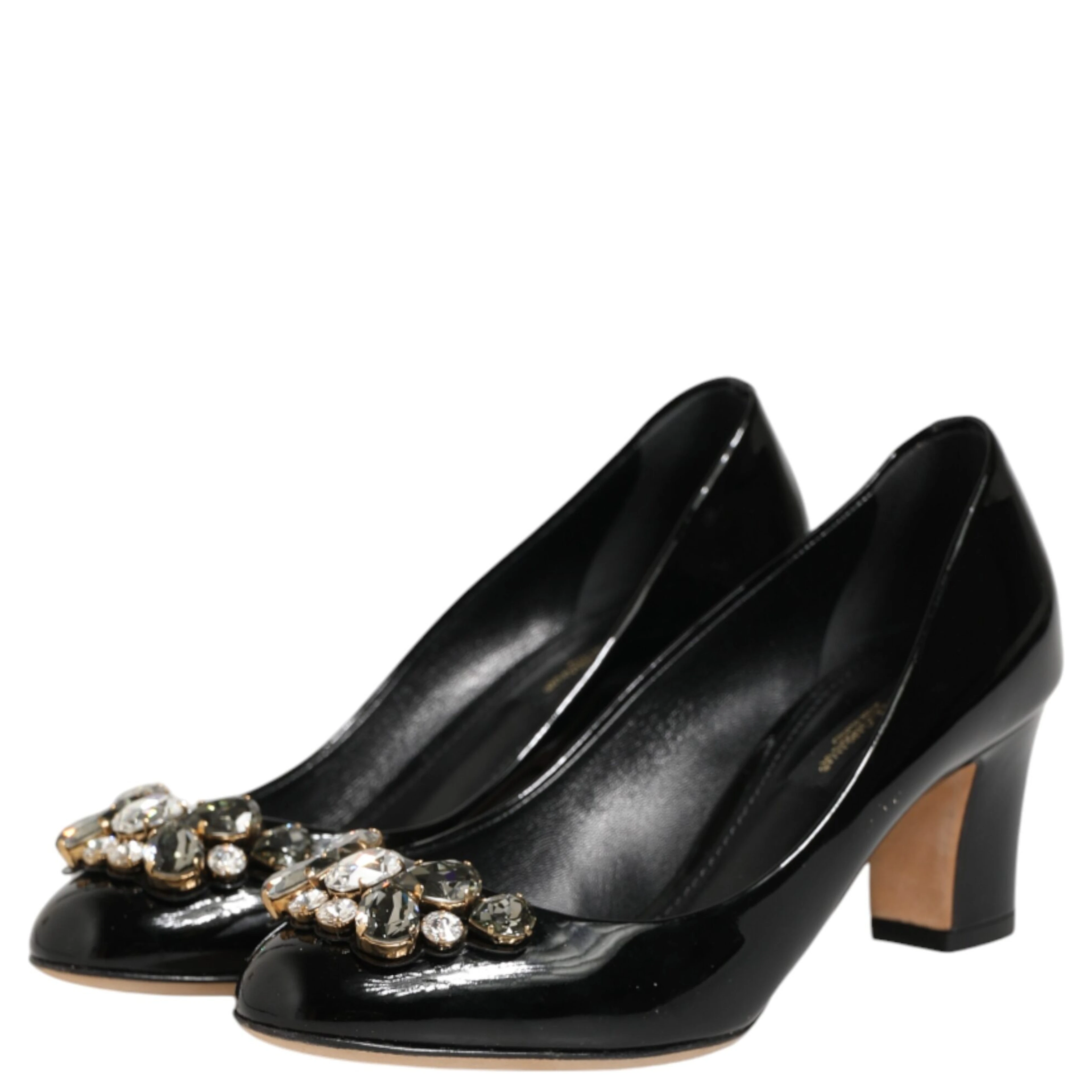 Black Leather Crystals Heels Pumps Shoes