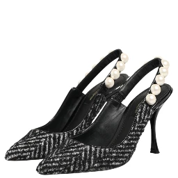 White Black Chevron Faux Pearl Slingbacks Shoes