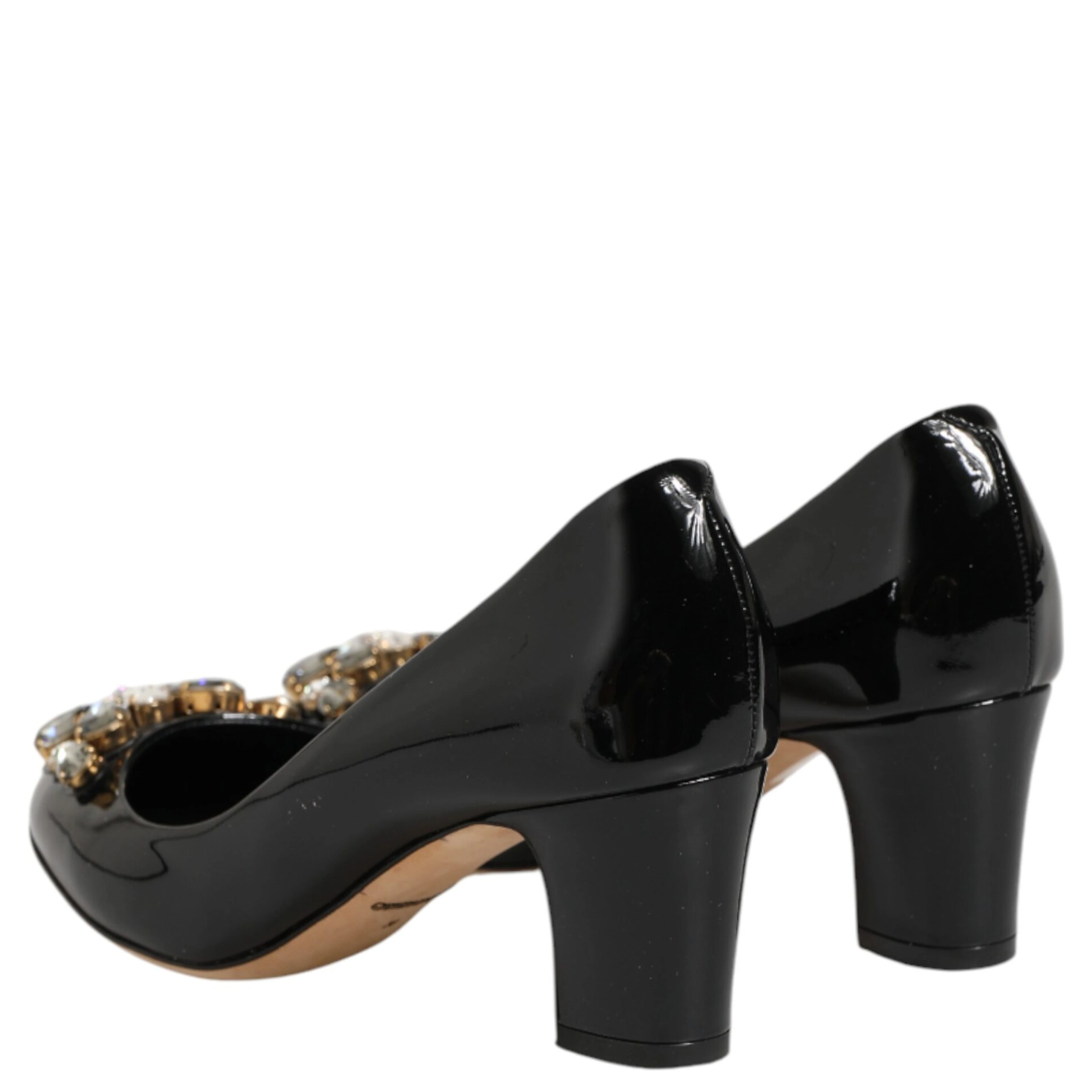 Black Leather Crystals Heels Pumps Shoes