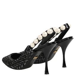White Black Chevron Faux Pearl Slingbacks Shoes