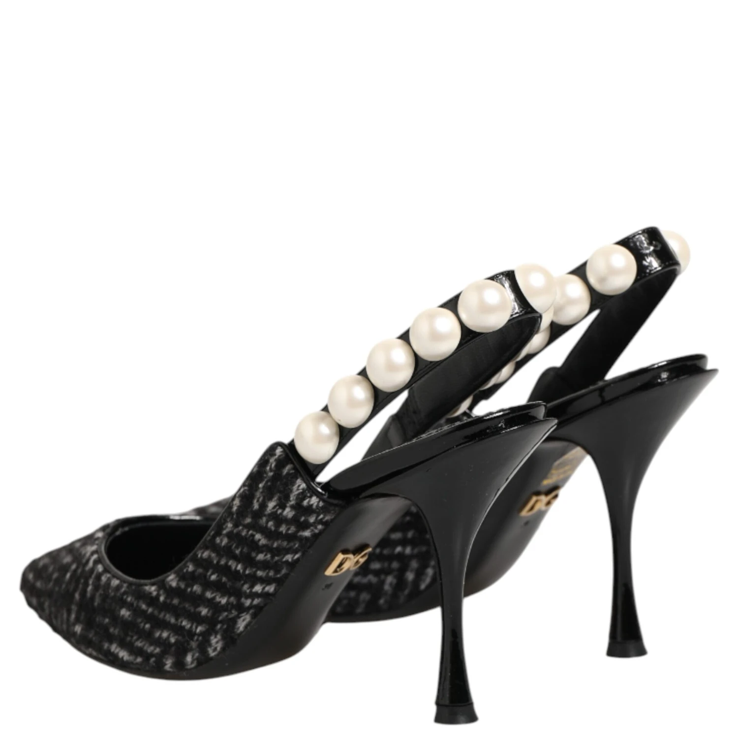 White Black Chevron Faux Pearl Slingbacks Shoes