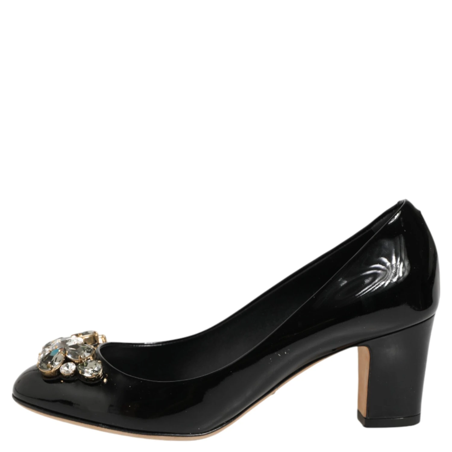 Black Leather Crystals Heels Pumps Shoes