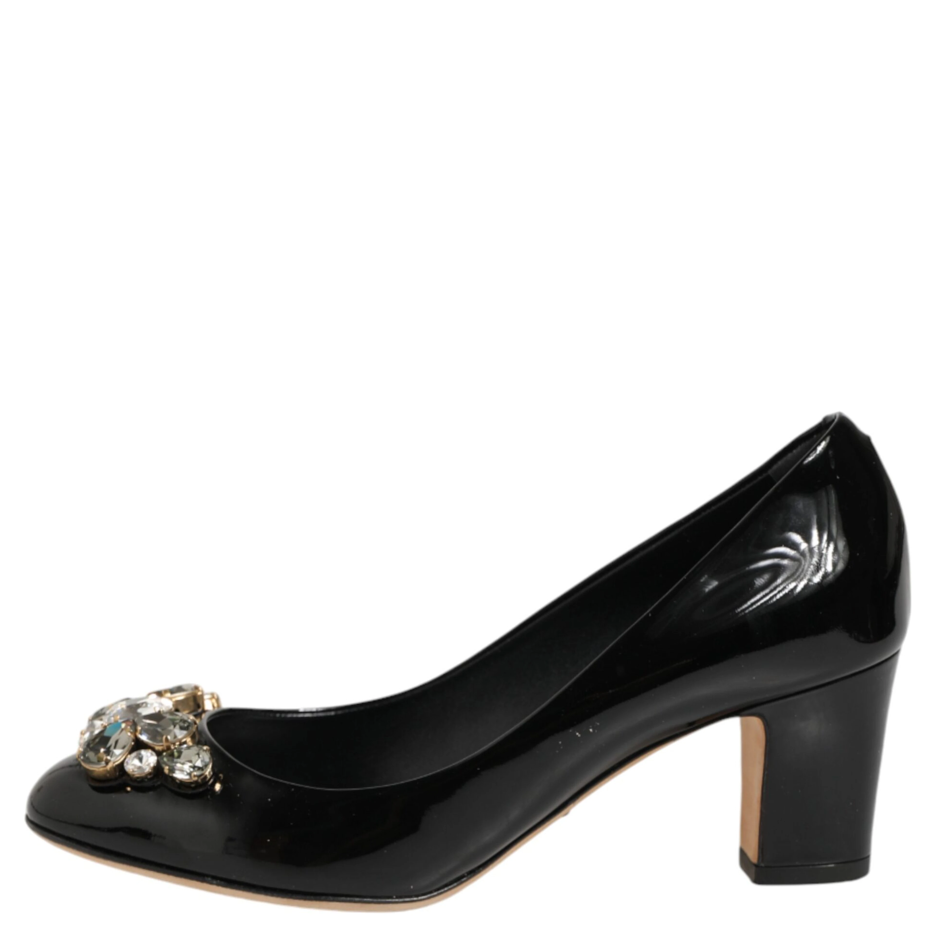 Black Leather Crystals Heels Pumps Shoes