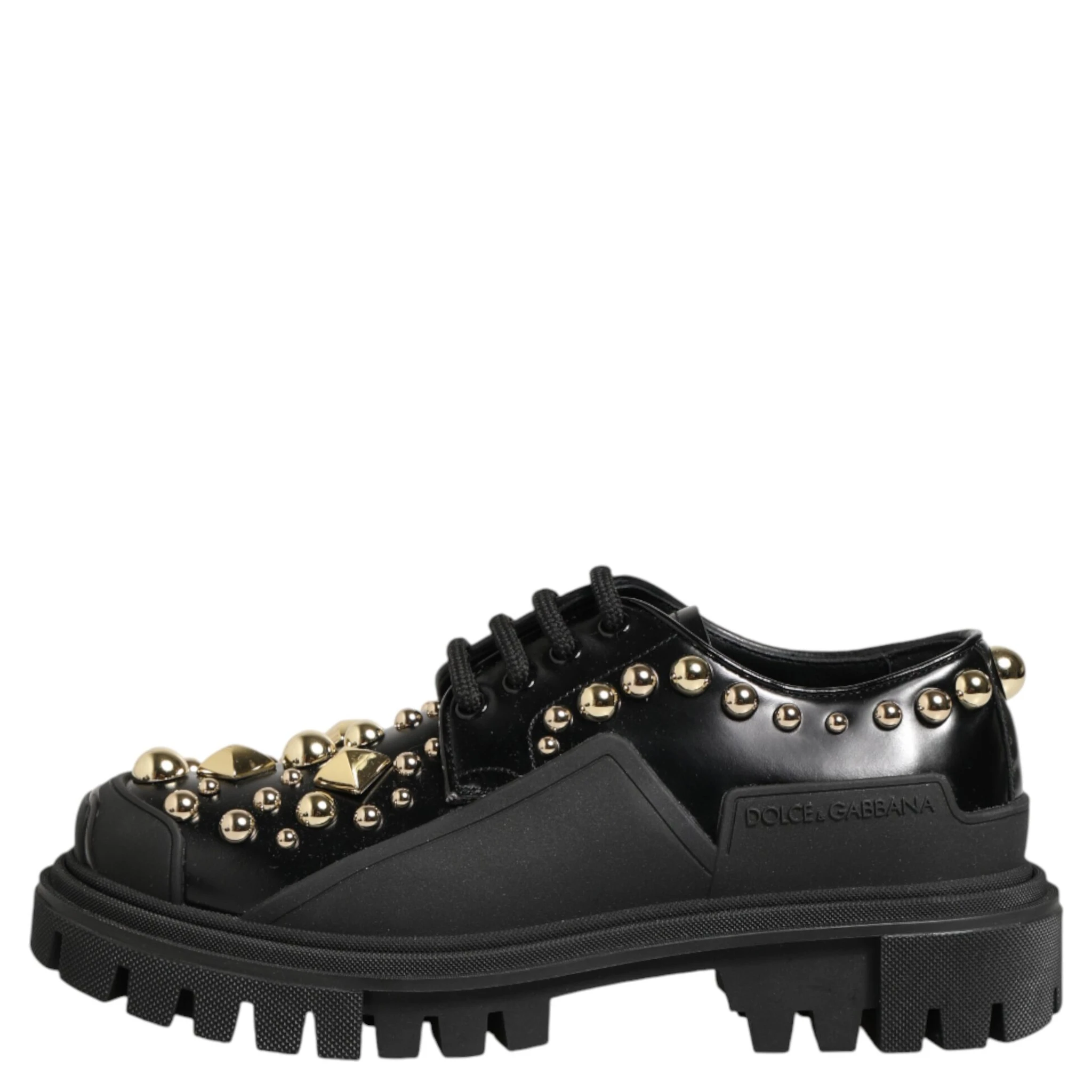 Black Leather Jeweled Crystals Derby Shoes