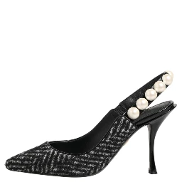 White Black Chevron Faux Pearl Slingbacks Shoes