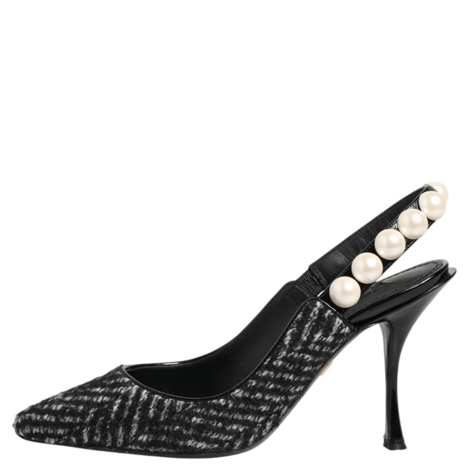 White Black Chevron Faux Pearl Slingbacks Shoes