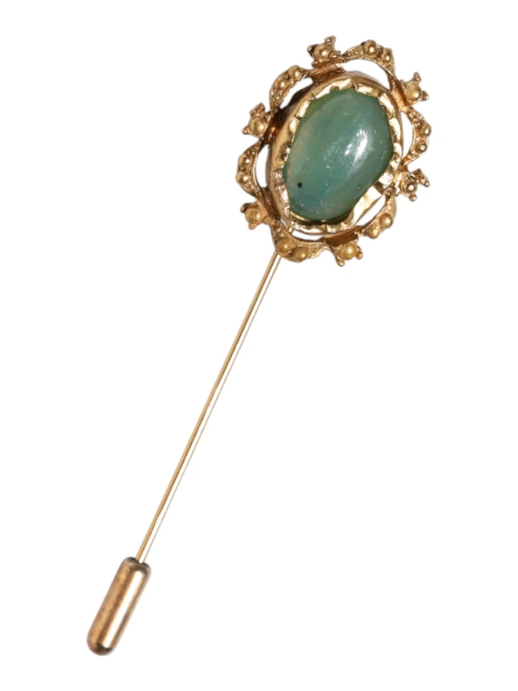 Gold Tone Green Stone Antique Men Accessory Brooch Pin