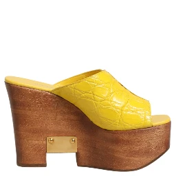Yellow Leather Wood Mule Wedge Slides Shoes