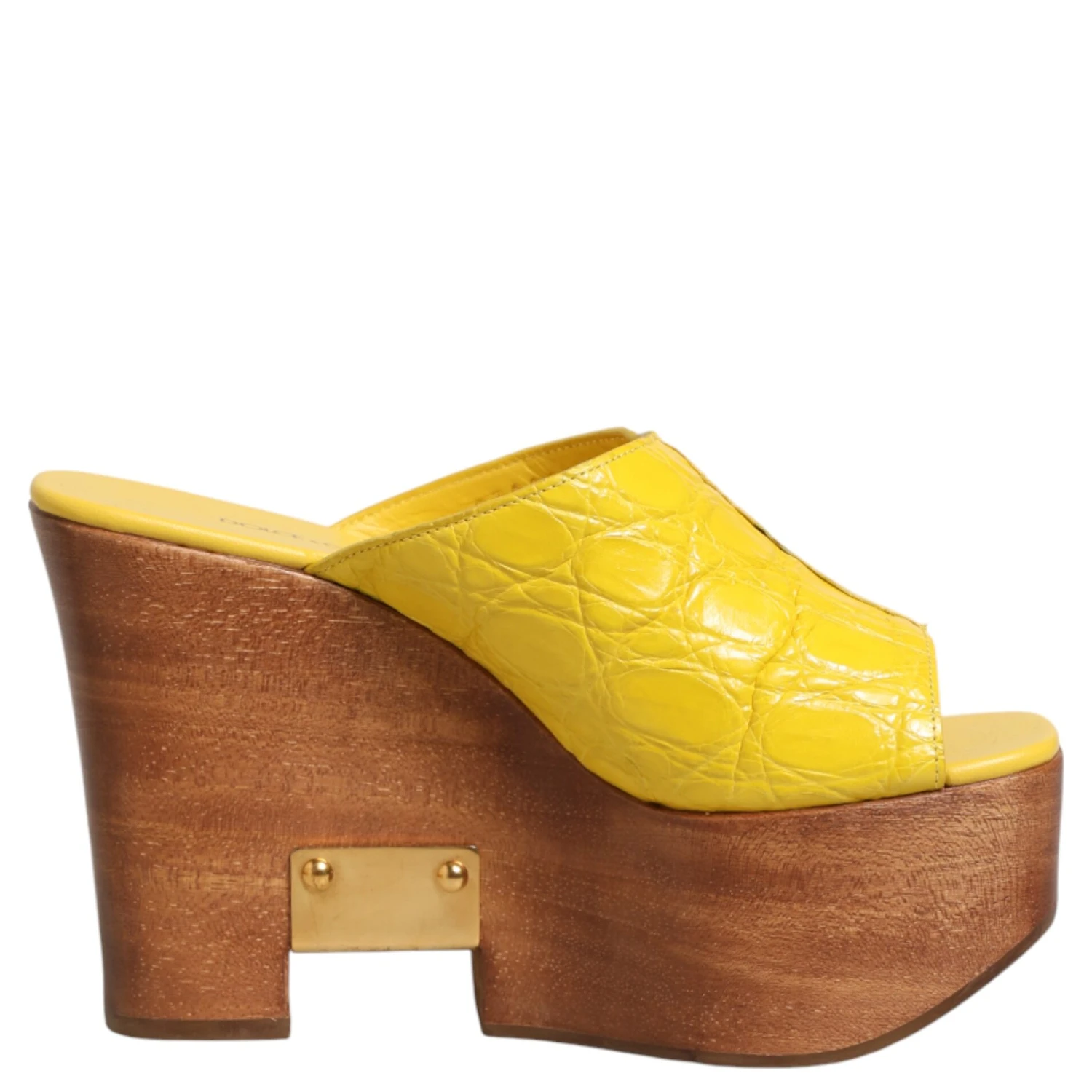 Yellow Leather Wood Mule Wedge Slides Shoes